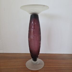 VTG Handblown Art Glass Candle Holder 9.5" Amethyst Clear To Frosted